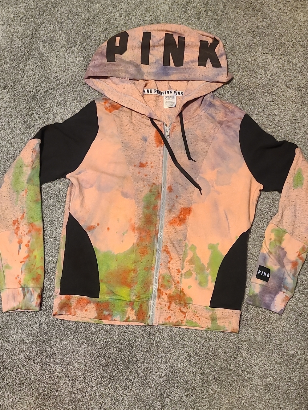 PINK Tie-Dye Hoodie with Peach, Green & Black Accents